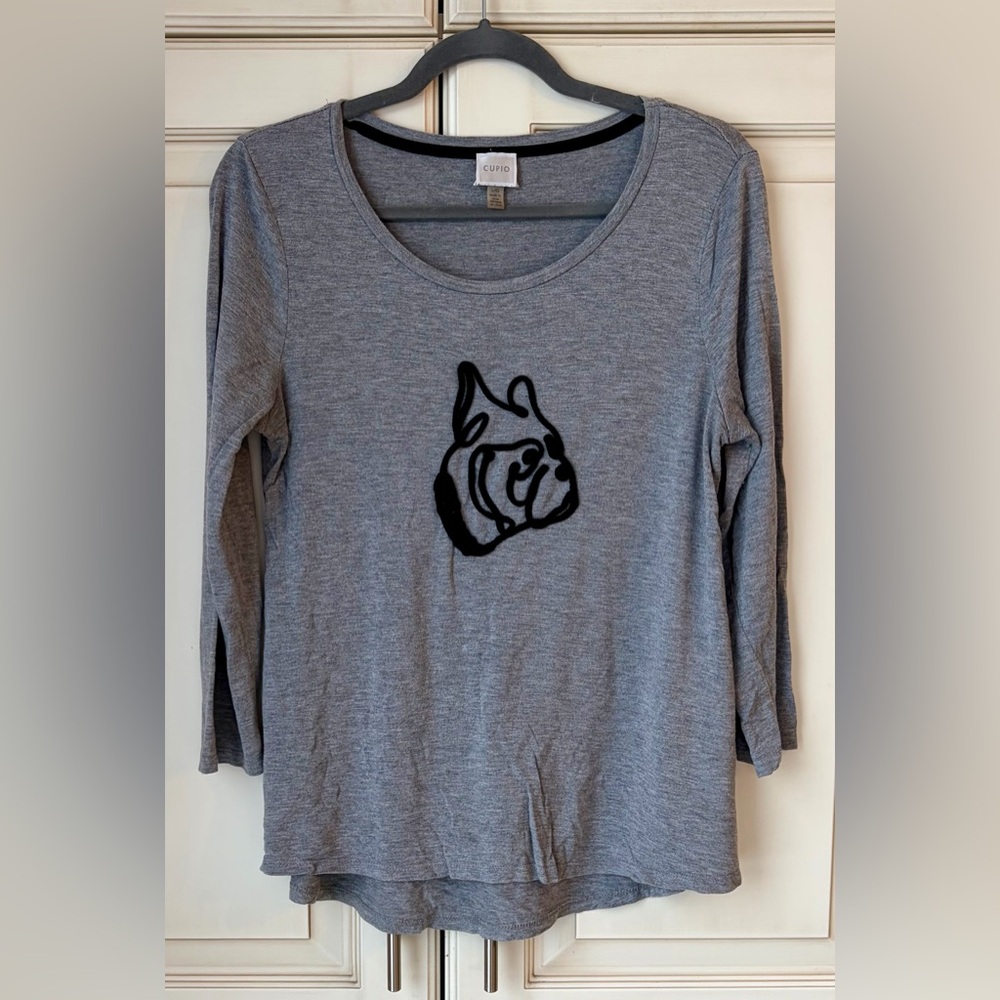 🍓 Cupio Gray Long Sleeve Tee. Embroidery dog face. Large. (More M/L)